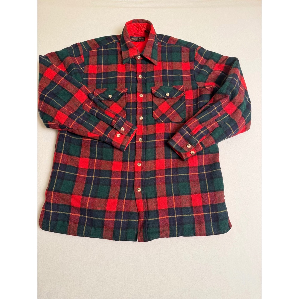 Woodland Vintage Wool Blend Quilted Flannel Shirt Jacket Red Green Plaid Mens M